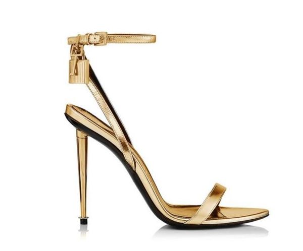 

luxury sandal sandals woman high heels tom-f-sandal shiny genuine leather padlock pointy toe naked sandalies 105mm gold heels ankle strap ly, Black