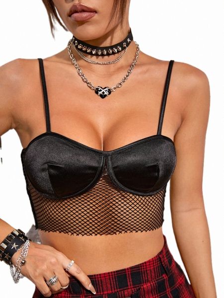 

contrast mesh satin cami o4xj#, White