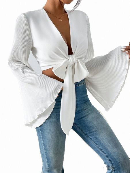 

solid pleated flounce sleeve tie front crop blouse o16o#, White