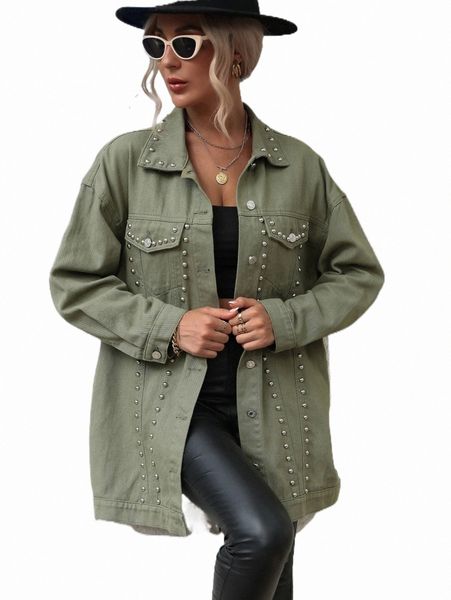 

women's jackets studded detail drop shoulder denim coat 69ds#, Black;brown