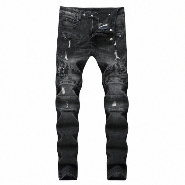 

black jeans men hole casual ripped slim fit rap hip hop pants straight classic pleated denim trousers biker1 21ao#, Blue