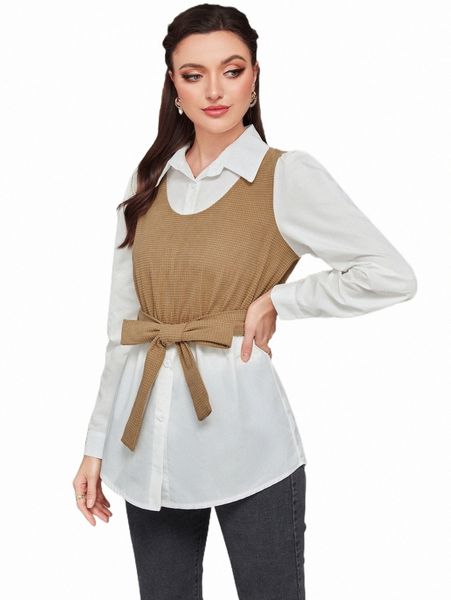 

women's blouses & shirts colorblock 2 in 1 belted blouse i50dgc#, White