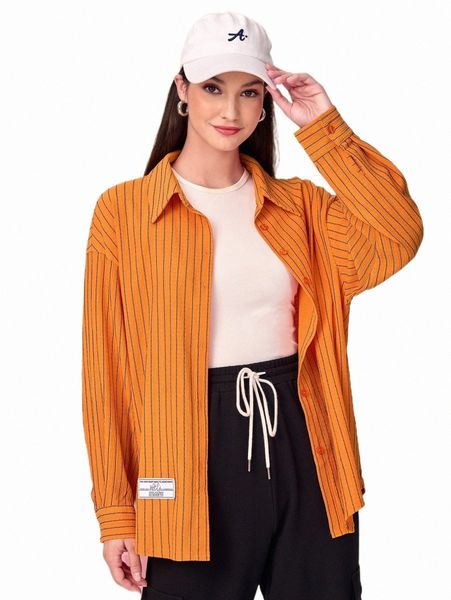 

drop shoulder patch detail striped shirt r36t#, White