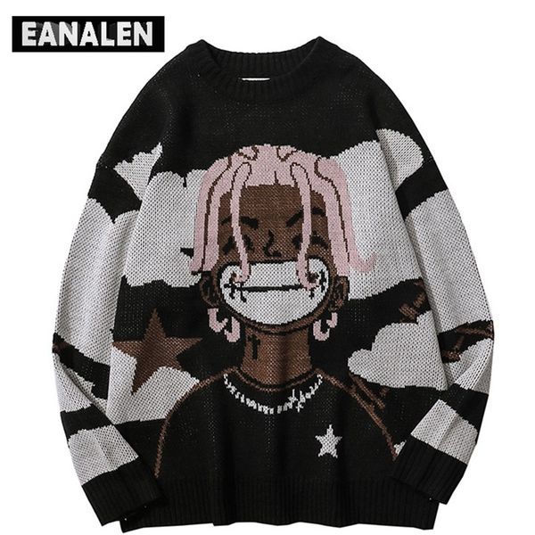

harajuku vintage cartoon anime knitted sweater men winter oversized men's rock hip hop rap pullover women jumper ugly sweater 220819, White;black