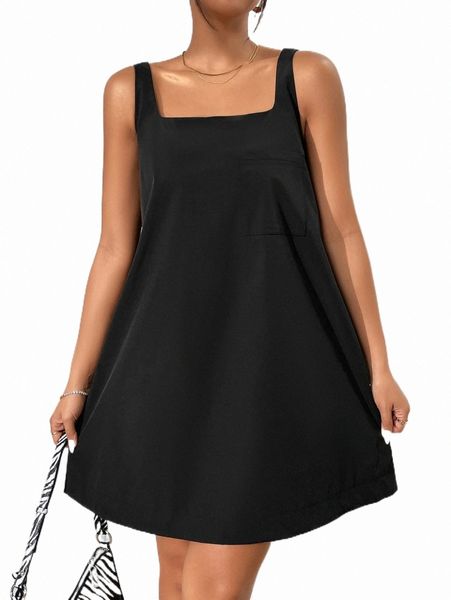 

solid pocket front tank dress 23g9#, Black;gray