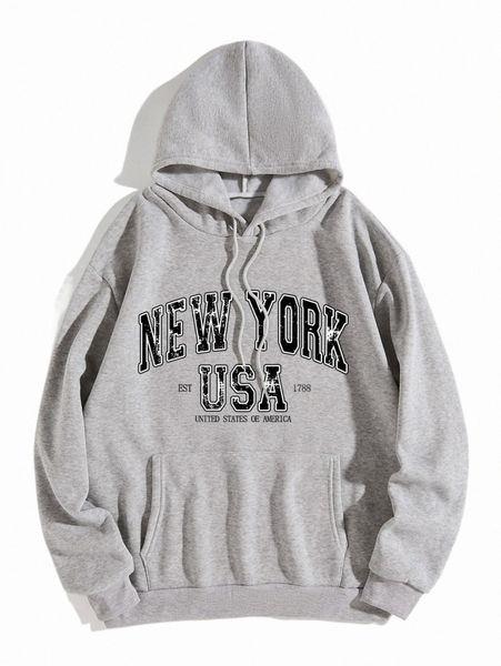 

letter graphic kangaroo pocket drawstring thermal hoodie k9hy#, Black