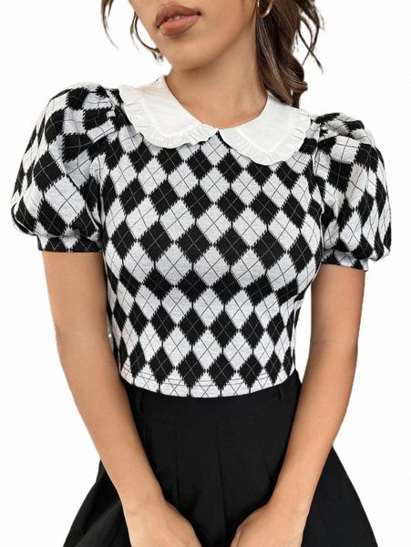 

argyle print peter pan collar puff sleeve tee x4ap#, White