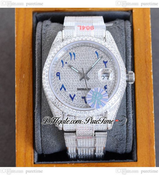 

rf 40 126334 eta a2824 automatic mens watch paved diamond dial blue arabic script fully iced out diamonds 904l oystersteel bracelet jewelry, Slivery;brown