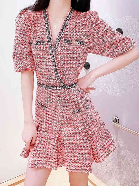

casual dresses fadan 's spring women's clothing bubble sleeves shrink waist to show thin ol french v-neck tweed plaid jumpsuit nf, Black;gray