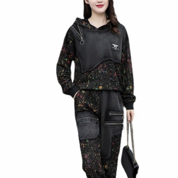 

2autumn korean women embroidery jackets and pants ladies punk denim suits black hooded printed two piece sets plus size 220819, White