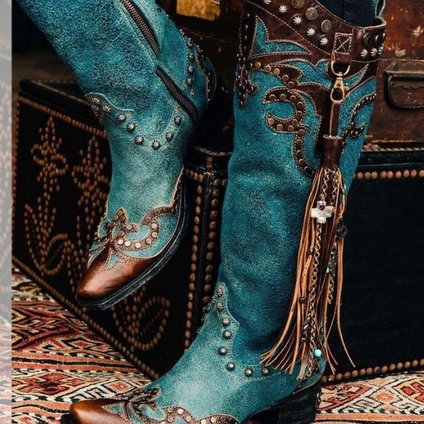 

women knee high boots chaussure booties mid heels vintage pu leather retro rivets tassels shoes woman mujer zapatos sapato 220819, Black