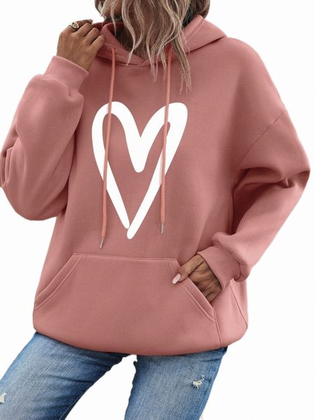 

heart print drop shoulder kangaroo pocket drawstring hoodie b9ja#, Black