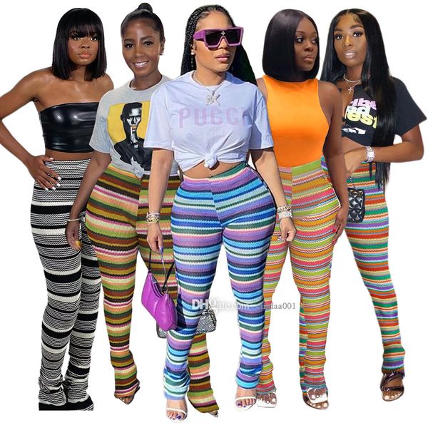 

designer womens clothes knitted stripe leggings hollow jacquard fashion pile pants bell bottoms, Black