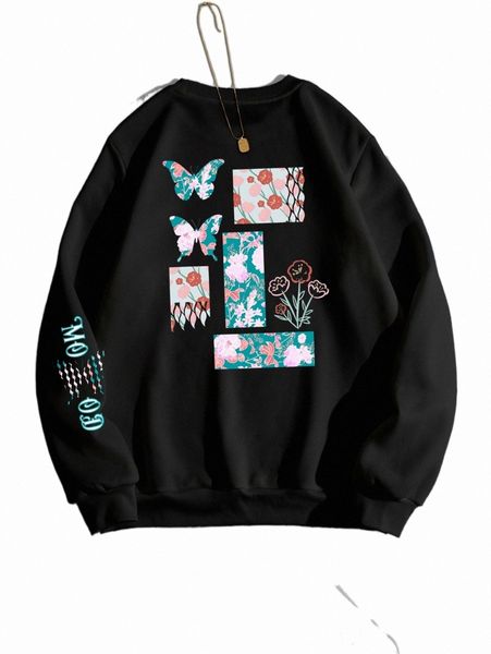 

women's hoodie floral & butterfly print thermal pullover a9hk#, Black