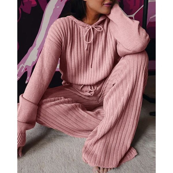 

autumn winter knitted two piece sweatershirt set women wide leg pants suit loose solid gray casual 2 piece set tracksuit 220819, White