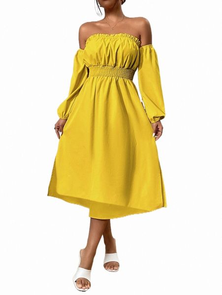 

off shoulder shirred waist frill trim split hem dress r0pe#, Black;gray