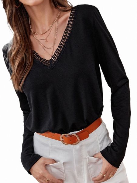 

women's t-shirt solid lace trim v neck tee clothing 24sdgi#, White
