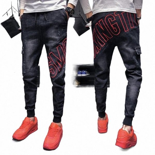 

wholesale 2021 fashion casual gathered jeans men's elastic waist teenagers student stretch slim feet harem ankle length pants m6cg#, Blue