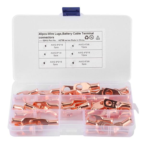 

40pcs awg cold-pressed terminals t2 red copper duty wire lugs assortment