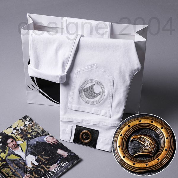 

men's jeans designer pure white jeans men's four seasons elastic slim fit small feet leisure fashion versatile youth middle waist, Blue