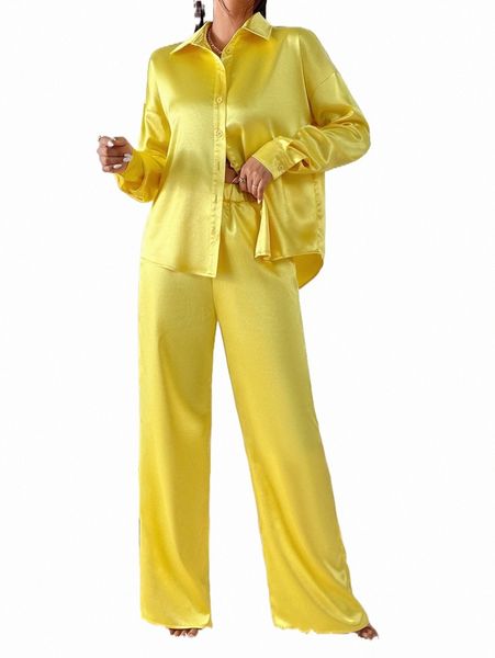 

solid drop shoulder shirt & wide leg pants s7oe#, White