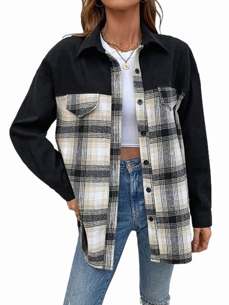 

plaid drop shoulder coat l9lh#, Black