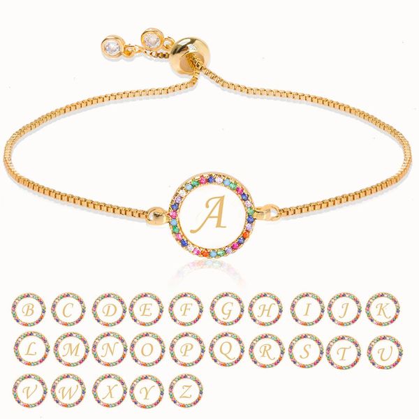 

colorful rainbow zircon 26 letter strands bracelet for women adjustable initial femme snake chain jewelry christmas gifts, Black