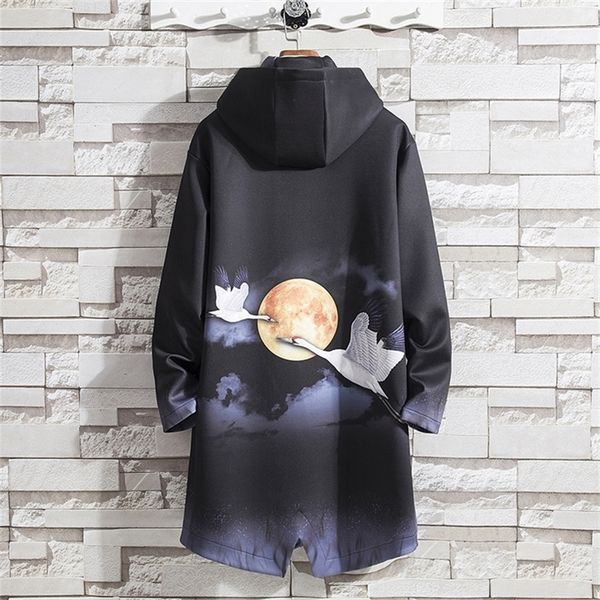 

crane windbreaker men's long large size trend thickening kimono jacket hooded casual loose robe windbreaker men 220818, Black;brown