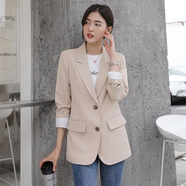 

peonfly autumn fashion blazer jacket women casual korean pockets long sleeve coat office ladies solid loose blazer 220308, White;black