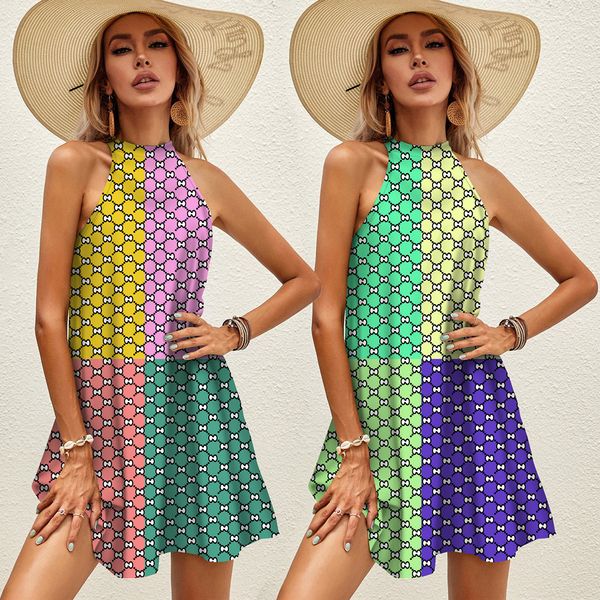 

fashion letter print halter lace-up dress summer women sleeveless loose a-line mini dress hawaiian party club wear vestidos, Black;gray