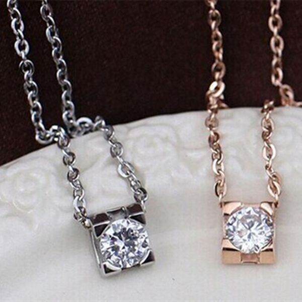 

titanium steel plated rose gold pendant necklace four prongs square 1carat solitaire diamond jewelry, Silver