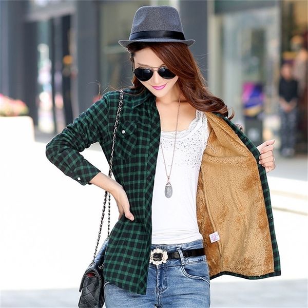

winter women plus velvet thicke warm plaid shirt style coat jacket woman casual clothes lady outerwear 220819, Black;brown