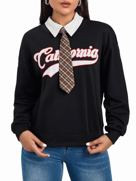 

women's hoodies letter graphic 2 in 1 sweatshirt with tie p3v5#, Black