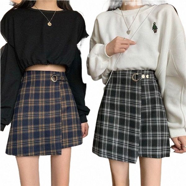 

skirts autumn summer korean irregular high-waisted thin a-line lattice package hip half-length skirt female plaid p12d#, Black