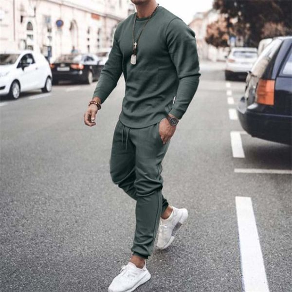 

autumn sportswear men's set fashion solid tracksuit sports suits male sweatsuit long sleeves t shirt pants 2 piece sets 220819, Gray