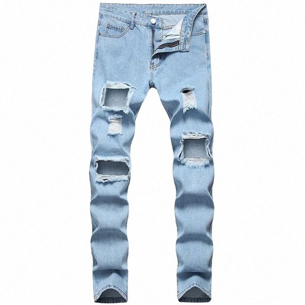 

jeans light color motorcycle ripped skinny trendy men biker men's a1iz#, Blue