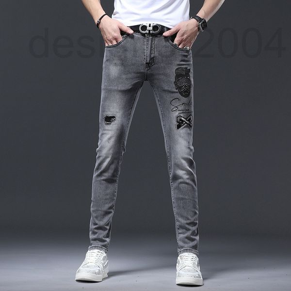 

men's jeans designer jeans youth rust flower drill reflective elastic slim foot hole men's summer pants 5l2w, Blue