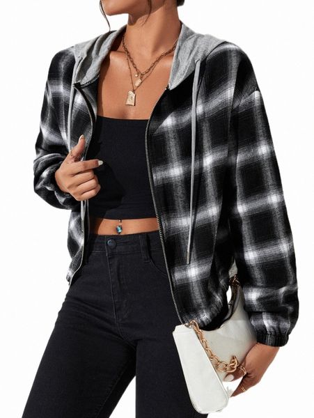 

petite plaid drop shoulder drawstring hooded jacket k8dpt#, Black;brown