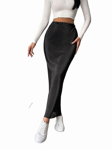 

elastic waist pencil skirt x9dg#, Black