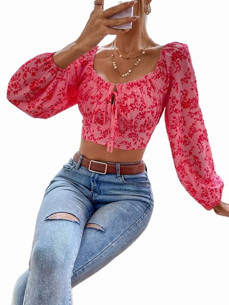 

plants print knot front lantern sleeve crop blouse o29u#, White