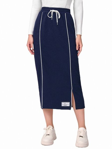 

patch detail contrast piping split hem skirt h9mw#, Black