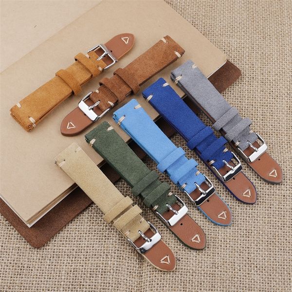 

suede leather watch strap 18mm 19mm 20mm 22mm blue grey vintage watch band replacement wristband handmade stitching watchband 220819, Black;brown