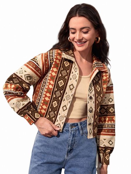 

women's jackets geo print button front jacket clothing 697z#, Black;brown