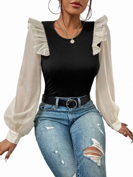 

women's & tees contrast mesh ruffle trim clothing dsgt8x8#, White