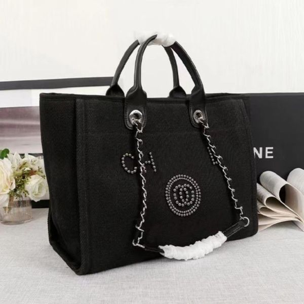 

women's classic luxury evening bags brand ch handbags pearl tote canvas beach bag designers female portable shoulder large capacity big, Black;red