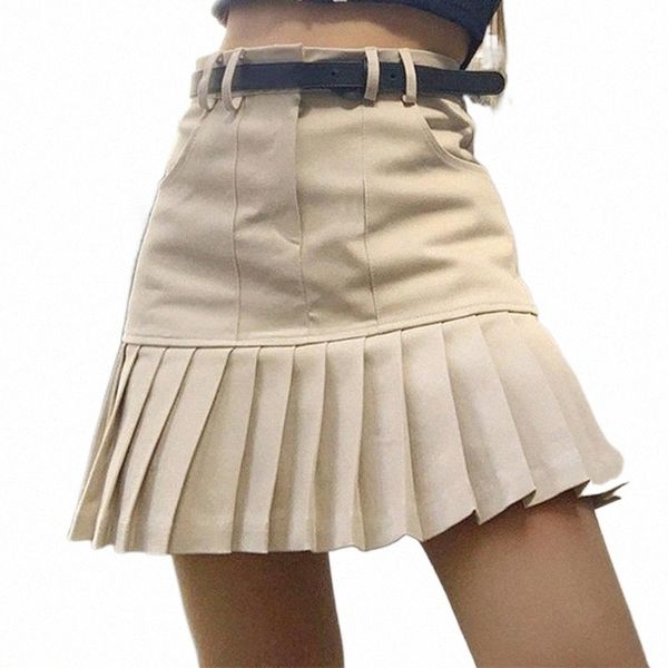 

khaki pleated short skirts womens casual high waisted mini skirt ladies preppy style korean fashion j5bg#, Black