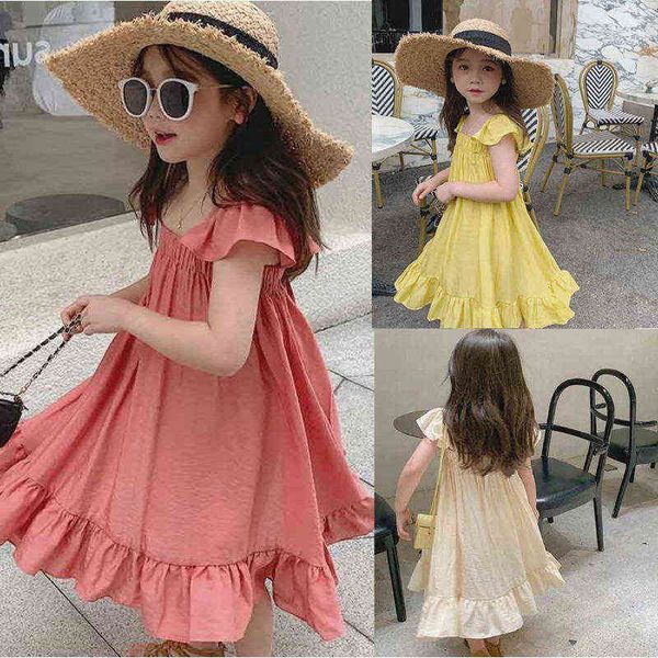 

2022 summer new kids dress for girls toddler girl square neck flying sleeve princess dress children clothes y220819, Red;yellow