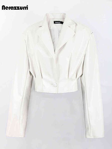 

nerazzurri spring autumn white short leather jacket women long sleeve single button lapel luxury designer clothes cropped t220810, Black
