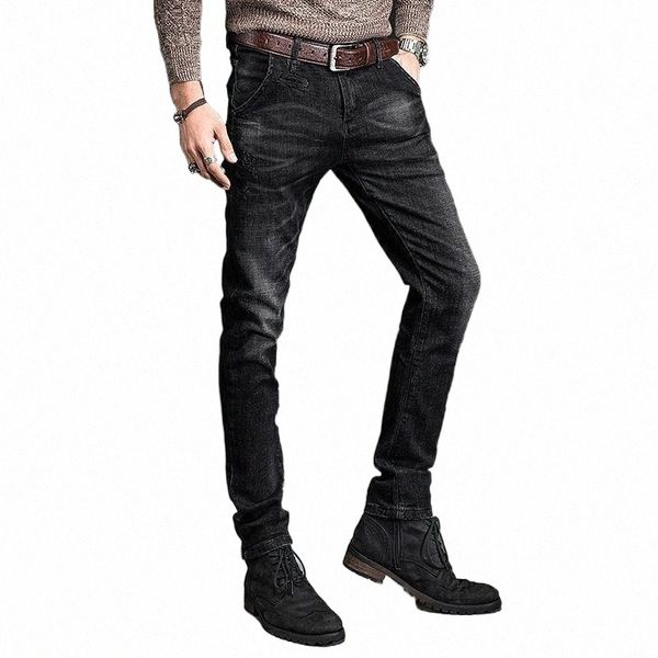 

men's jeans autumn fashion black men slim fit pencil pants korean style cotton stretch denim trousers 65dl#, Blue