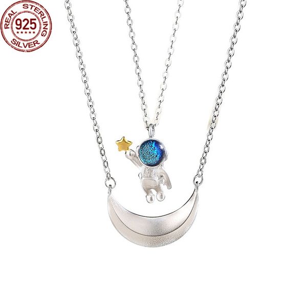 

new astronaut couple necklace strands a pair of sterling silver creative design moon boat pendant small glass clavicle chain tide for you, Black